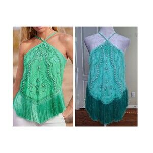 Boston Proper Halter Top Green Women 10 Beads Fringe Western Party Night Out NEW